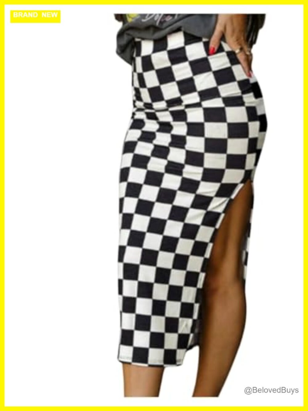 Women's Checkered High Waist Bodycon Midi Pencil Skirt Split Thigh